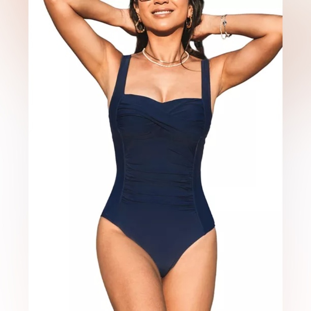 Cupshe Navy Blue Ruched One Piece Swimsuit Sweetheart Tummy Control L